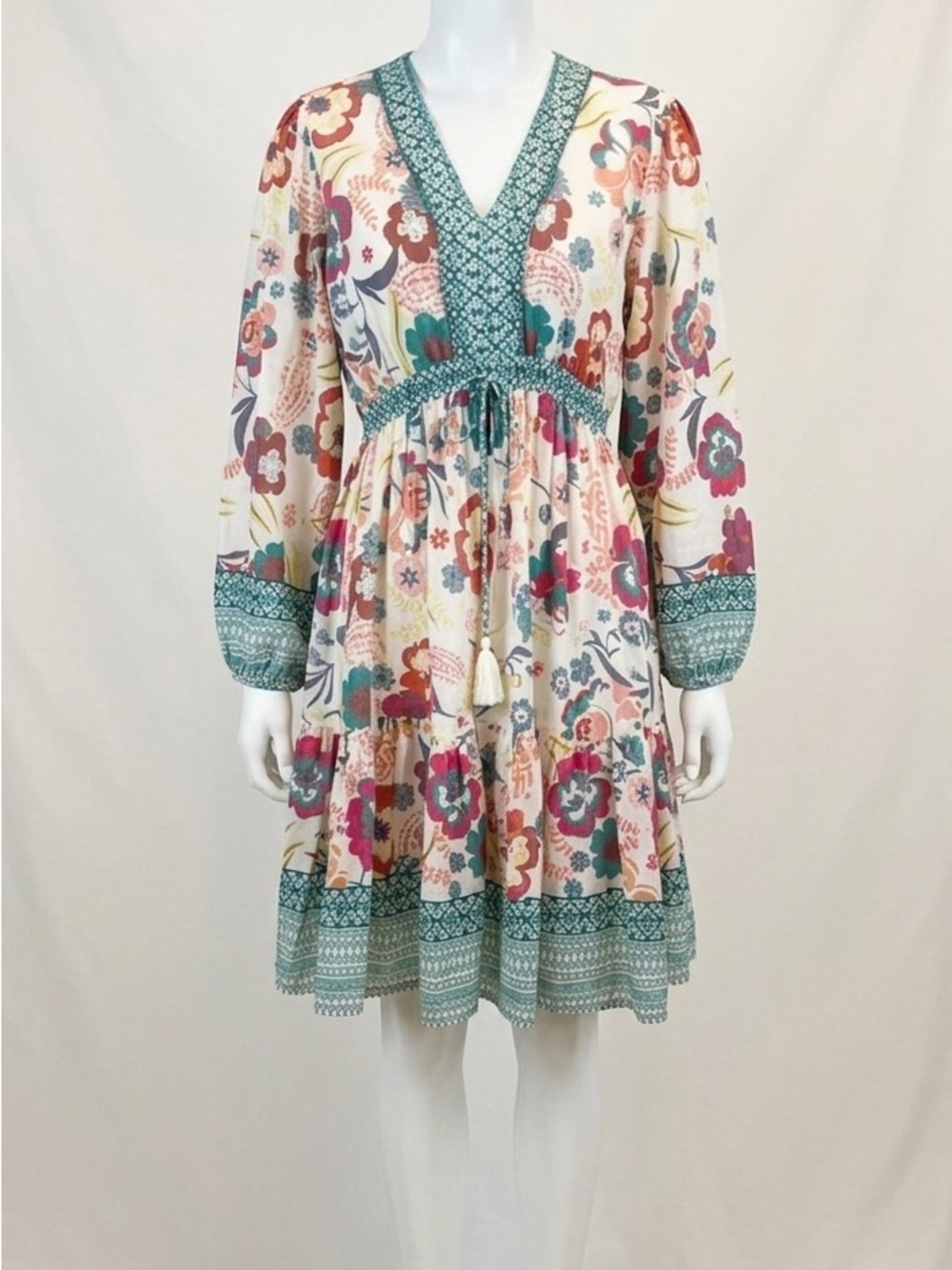 Kaktus Floral Mini Dress in Cream, Teal & Pink